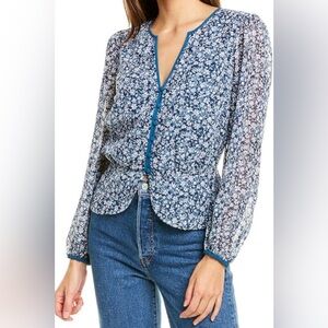 ALI & JAY Women’s Blue Floral Peplum Long Sleeve blouse Fabric covered buttons S